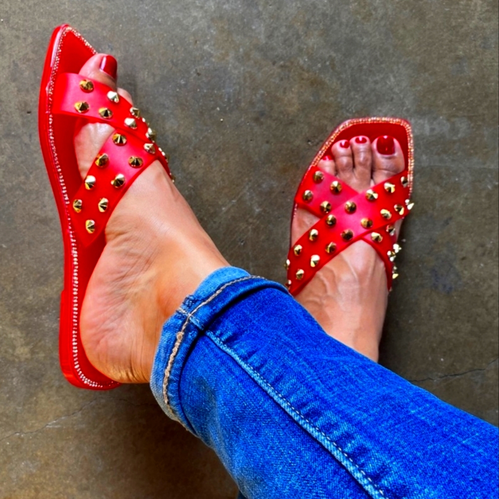 Gold Rock-stud Rhinestone Red Jellie Sandals 7 NIB also 9